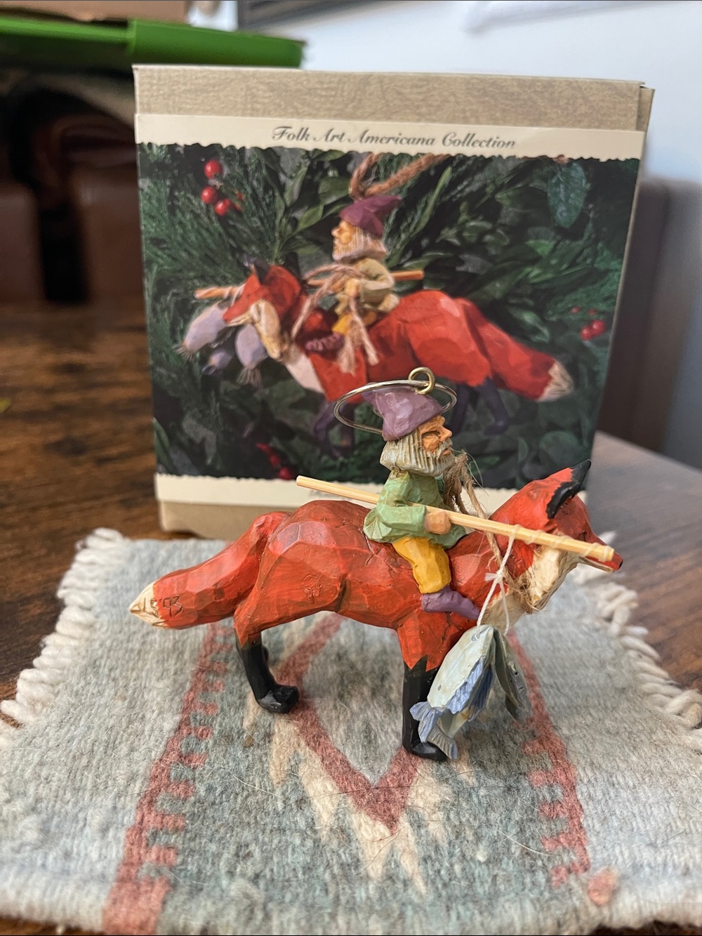 Hallmark Folk Art Americana Collection Red Fox Ornament with Rider with Fish
